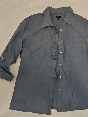 Talbots Light Blue Linen Ruffle-Front Button Shirt